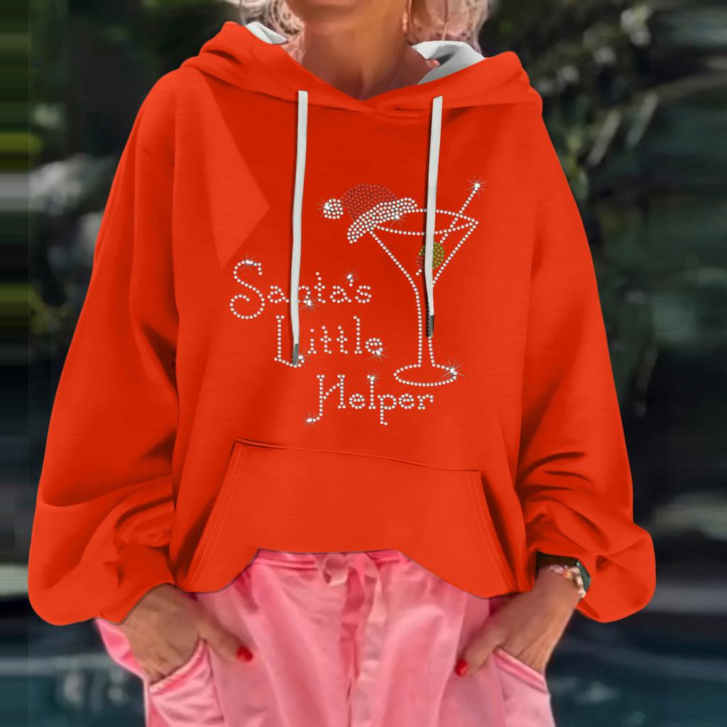 Женский рождественский принт, свободный повседневный худи с длинным рукавом и капюшоном