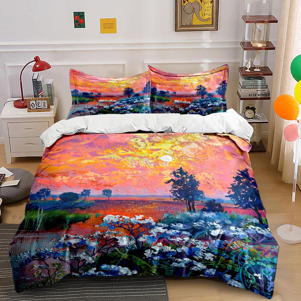 Sunset, trees, flowers, landscape. Bedding sets Duvet cover sets Duvet covers Pillowcases(1 * Duvet Cover 2 * Pillowcases without duvet insert)