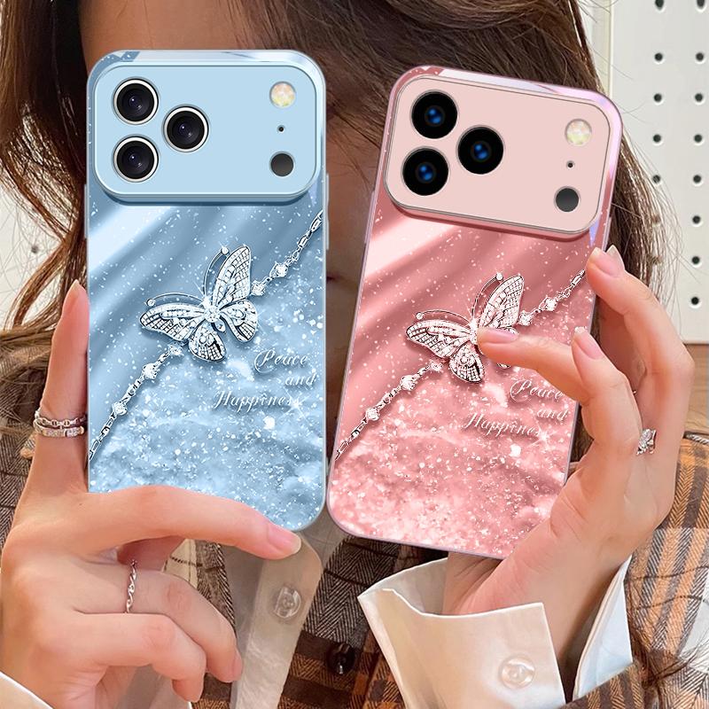 Элегантная синяя бабочка Для iPhone 17 Air 16 E 15 14 13 Plus 12 mini 11 17 Pro Max XR Xs Max 16E 7 8 Закаленное стекло Чехол для телефона