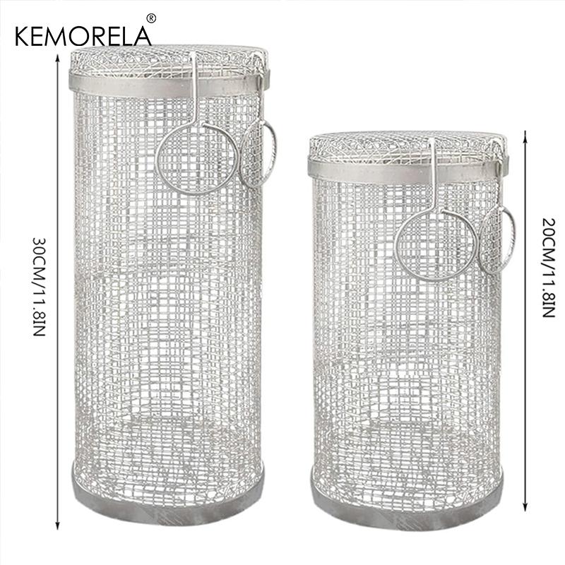 BBQ Basket Stainless Steel Rolling Grilling Basket Wire Mesh Cylinder Grill Basket Portable Round Outdoor Camping Barbecue Rack