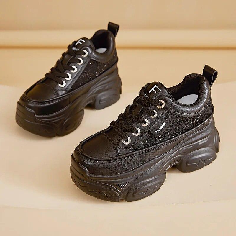 Fujin Сандалии из синтетической кожи с воздушной сеткой, 8 см, вулканизированный скрытый каблук и платформа, блестящие массивные кроссовки на танкетке, летняя женская обувь на полой основе