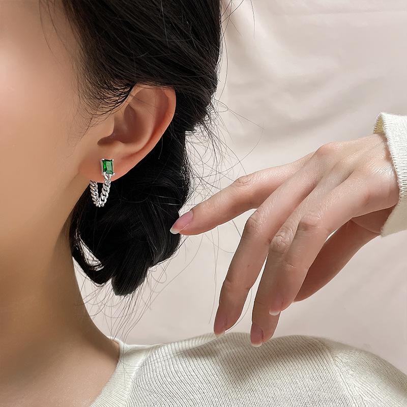 Flash Diamond Square Diamond Stud Earrings Long Fashionable Retro Thai Silver Antique Texture Atmospheric Emerald Chain Earrings Rear Hanging Type