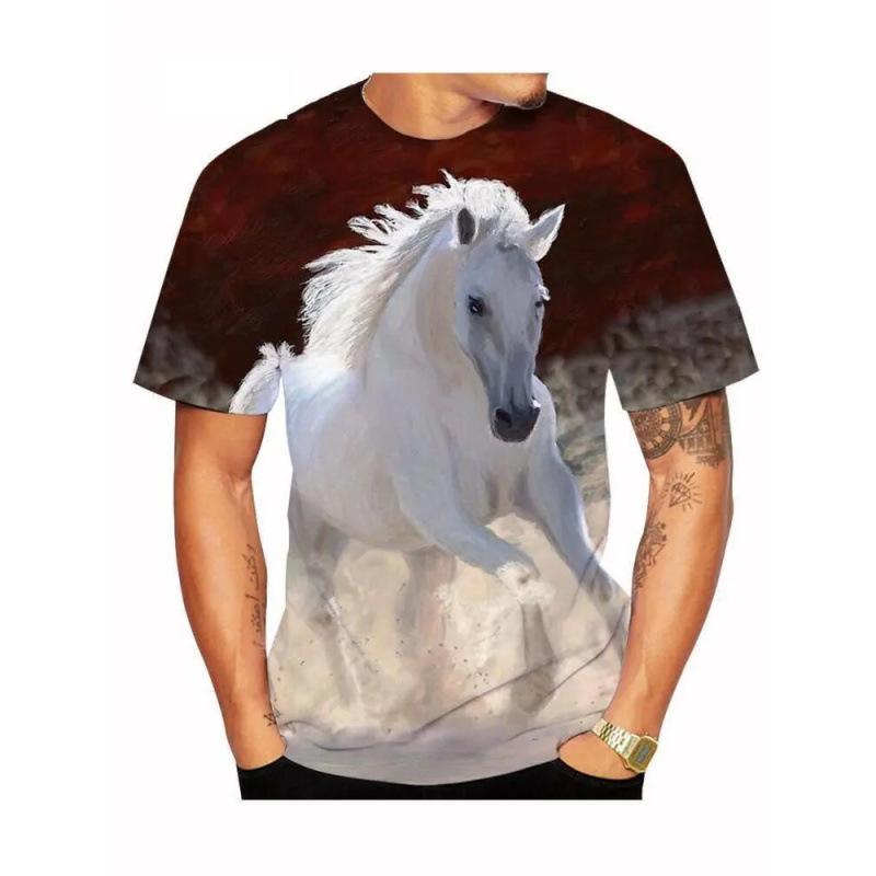 Summer Round Neck 3D Horse Pattern Print Top Fashionable Casual Short Sleeved Men's T-shirts