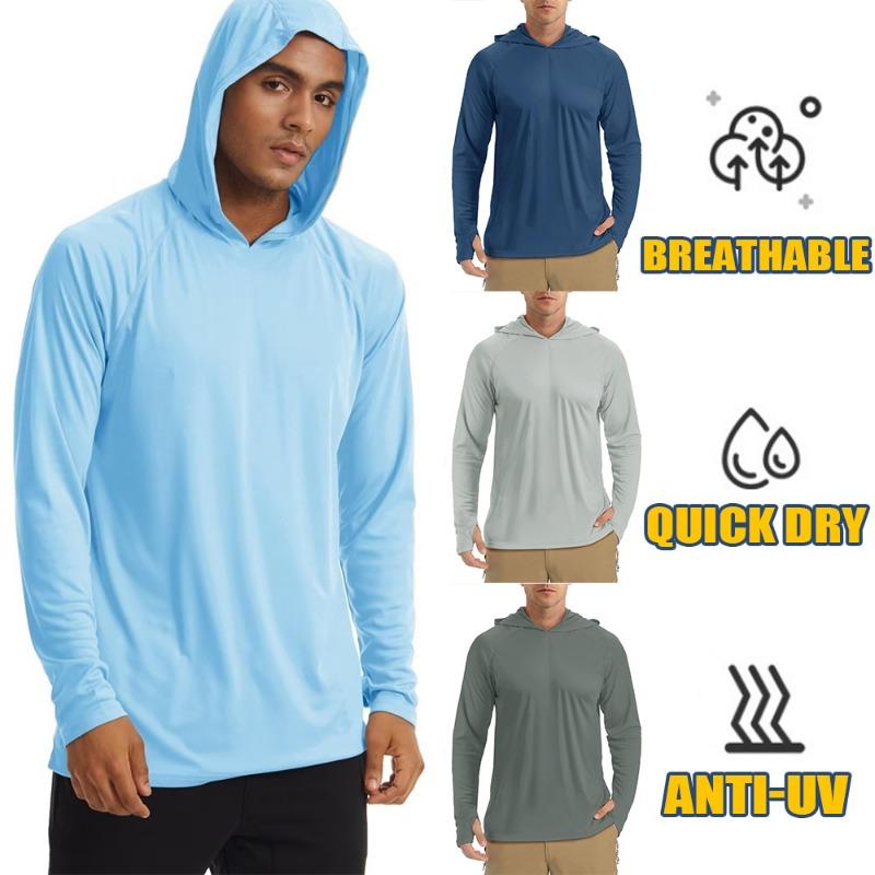 UPF 50+ Men's Long Sleeve T-Shirts Hoodies Sun/UV Protection Outdoor Hiking T-Shirt Sunscreen Shirts Tops Male Hoodie
