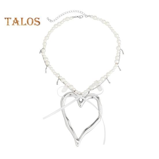 Женское ожерелье из искусственного жемчуга с большим кулоном в виде сердца, полая цепочка с бантом, декор, регулируемая длина, украшение из нержавеющей стали для шеи, ювелирные изделия, вечерние, пляжное ожерелье на ключице