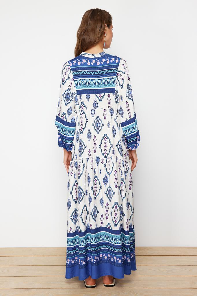 Women's Hijab Dress New Season Fashion Blue Floral Patterned Woven Viscose Dress