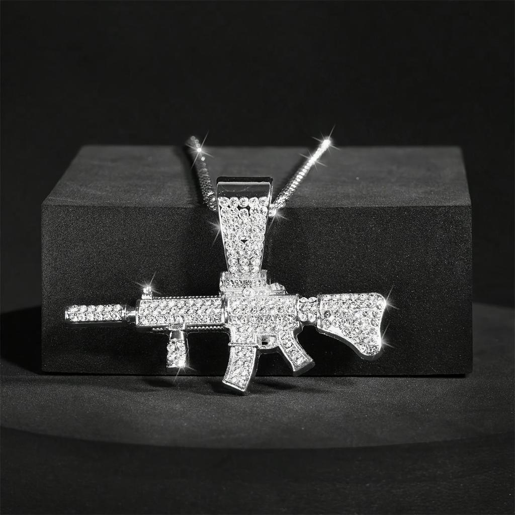 Модная хип-хоп подвеска-ожерелье в виде автомата АК-47 для мужчин, с кристаллами, кубинская цепь, ожерелье с бриллиантовой огранкой, панк-рок, байкерская бижутерия