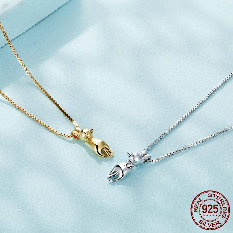 Твердое серебро 925 пробы с милым животным, ожерелье для женщин, позолоченное 14-каратное золото, кулон с изображением кота, ювелирное изделие для ее подарка на день рождения