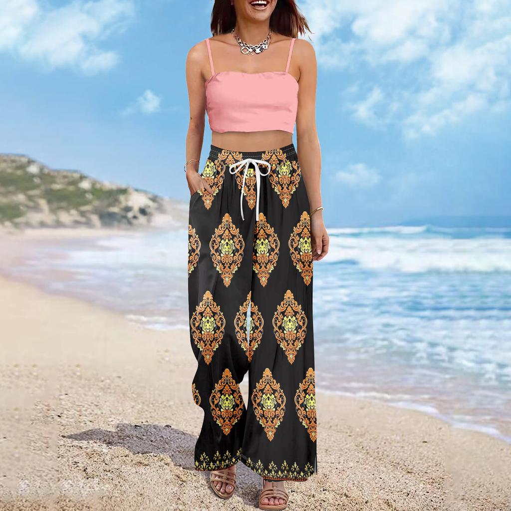 Women Summer Boho Palazzo Pants High Waist Wide Leg Floral Printing Casual Trousers With Pockets