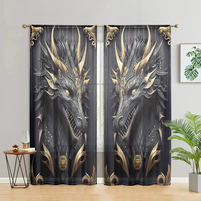 2 шт., черно-золотые 3D-шторы с изображением величественного дракона-тотема - полузатемняющие - подходят для гостиной, спальни, кухни, домашнего декора
