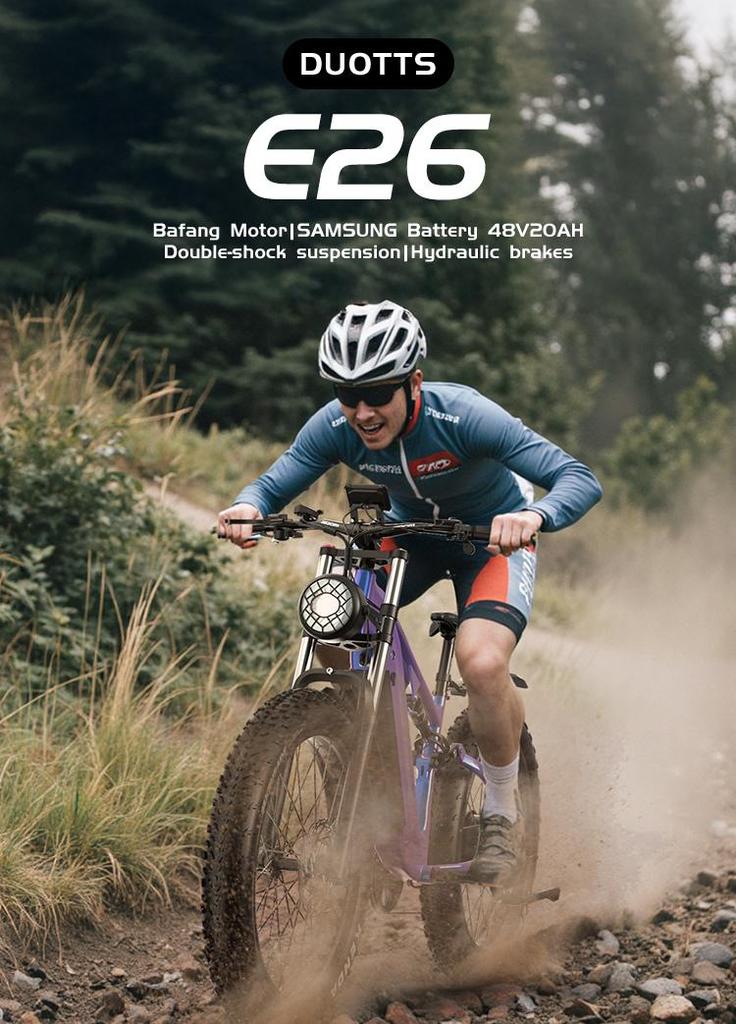DUOTTS E26 electric bicycle, Samsung 48V 20Ah battery, full suspension system, 26-inch tires, maximum range 60-120 km.