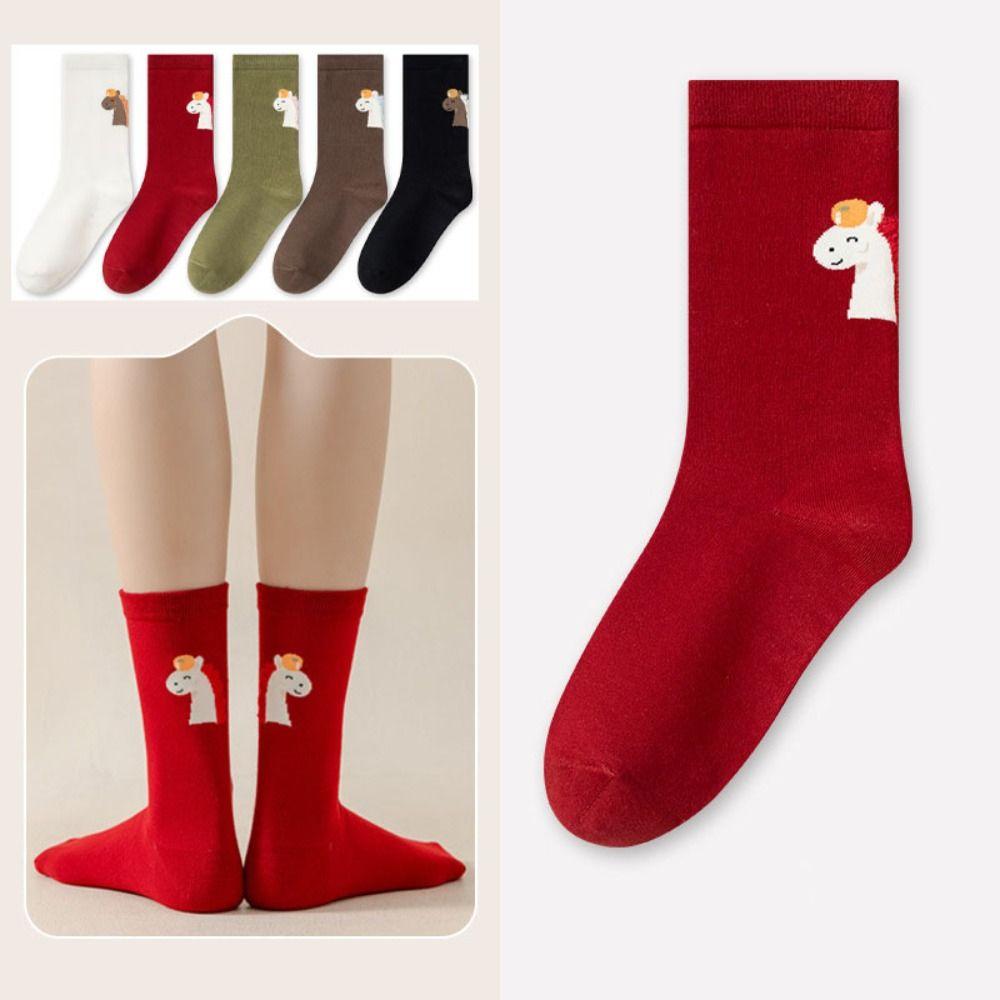 Cartoon Year of The Horse Socks Mid Calf Zodiac Year Cotton Socks Cute New Year Tube Socks  Women