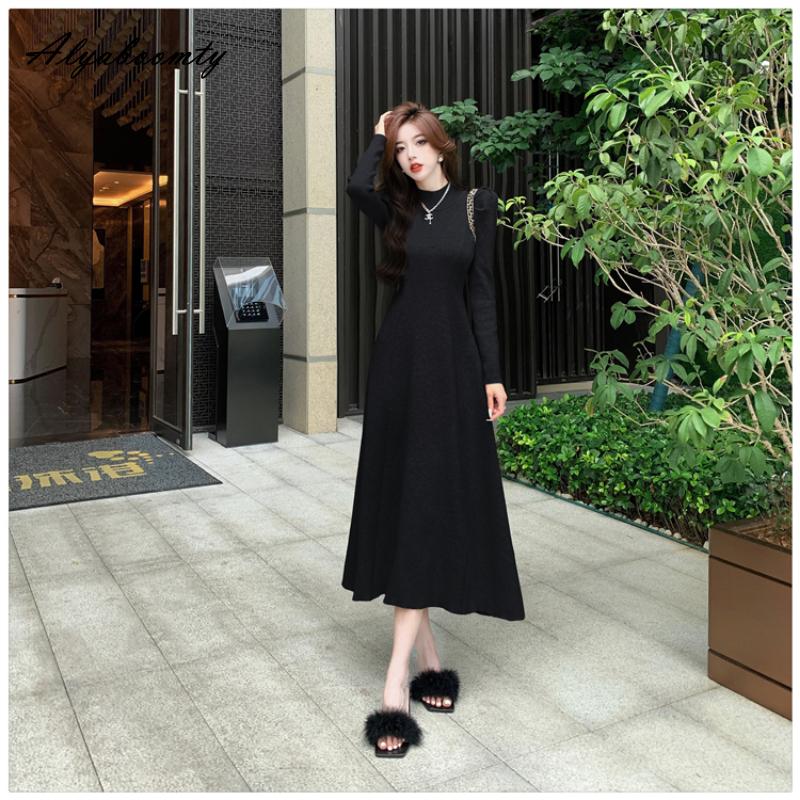 Французский стиль, осенне-зимнее женское платье-свитер миди, с половиной воротником, черное, серое, кофейное, вязаное платье, элегантное женственное трикотажное платье