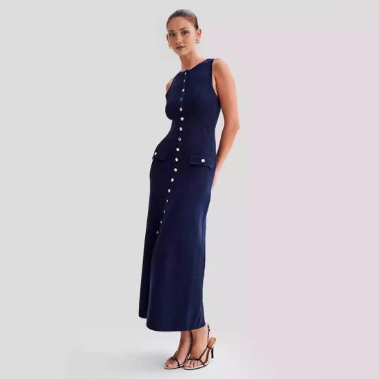 Летнее женское платье трикотажное платье-футляр Slim Fit сплошной цвет с круглым вырезом эластичное однобортное платье без рукавов на пуговицах длиной до середины икры