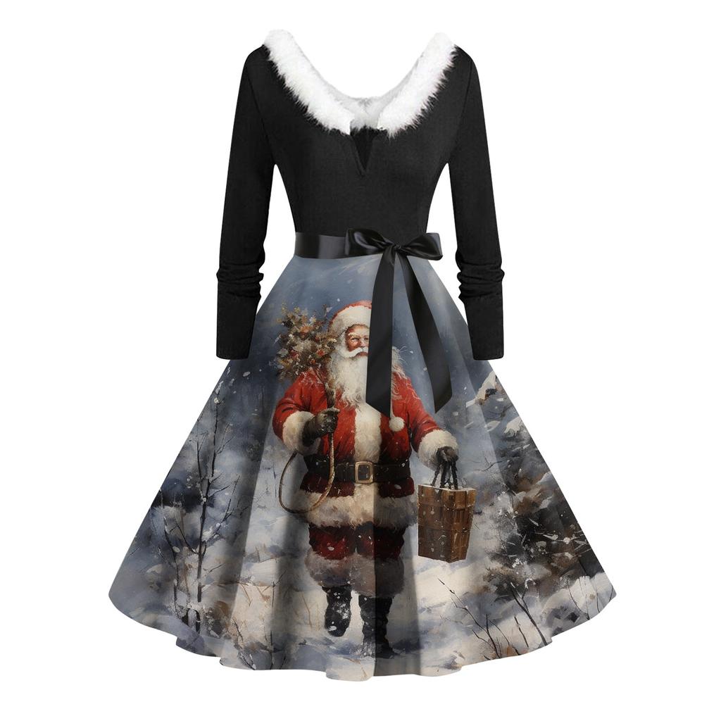 Women Vintage Long Sleeve Christmas Print 1950s Housewife Evening Party Prom Dress