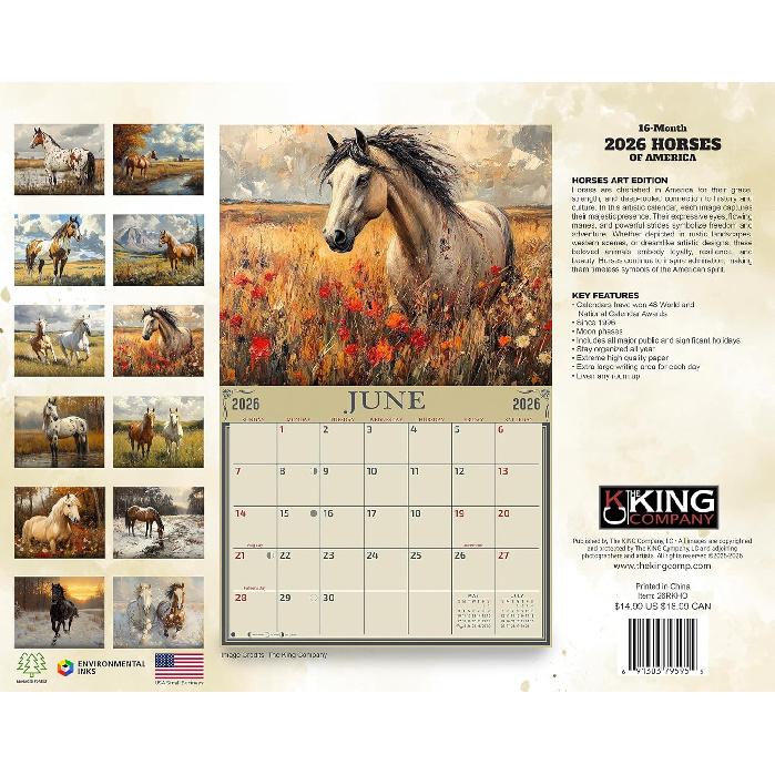 2026 Horses Illustrated Wall Calendar 16-Month X-Large Size 14x22, Horse Calendar by The KING Company-Monster Calendars