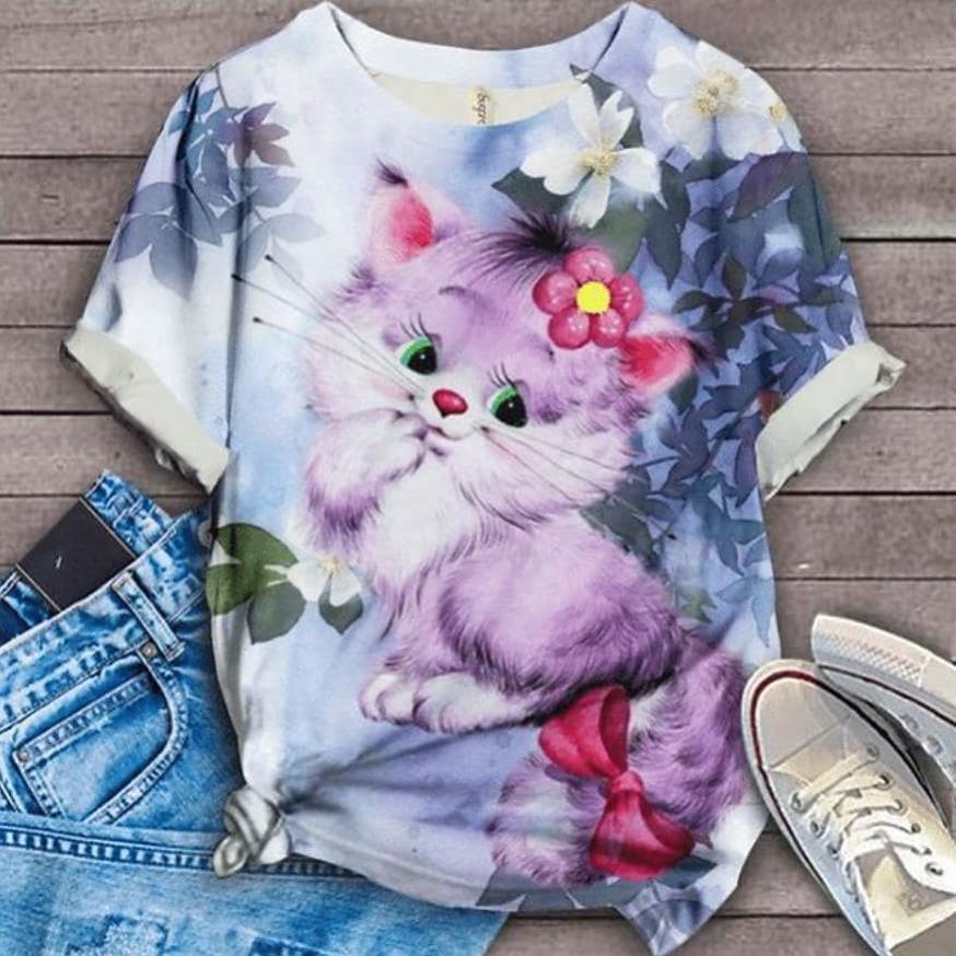 Summer Women's Fashion Short Sleeve T-shirt Cat 3D Print Hot Sale Streetwear Female Shirt O-Neck Regular Casual Blouse