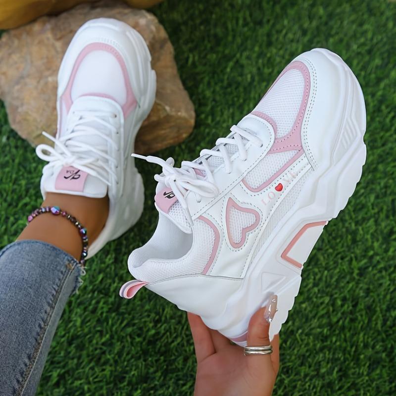 Women's Heart Patten Chunky Sneakers, Fashion Mesh Height Increasing Sports Shoes, Breathable Casual Outdoor Shoes