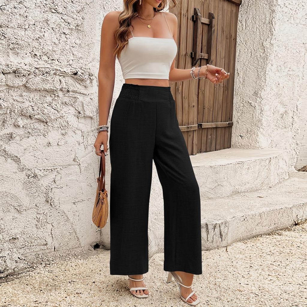 Women's Elastic High Waist Trousers Wide Leg Casual Loose Long Pants With Pocket
