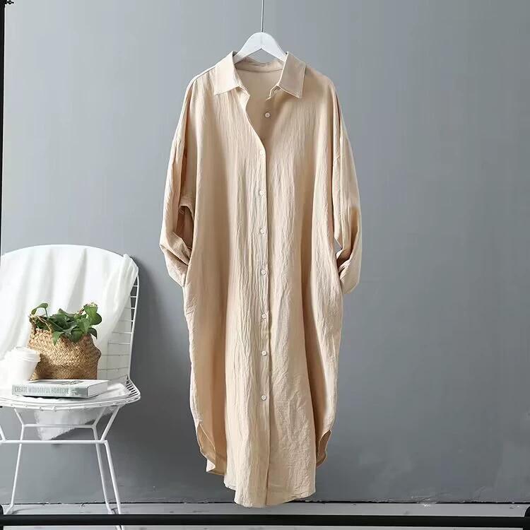 Shirt Women's Spring and Autumn Cotton and Linen Fashion Solid Color All-match Blouse Mid-length Loose Shirt Long-sleeved Plus Size Blouse