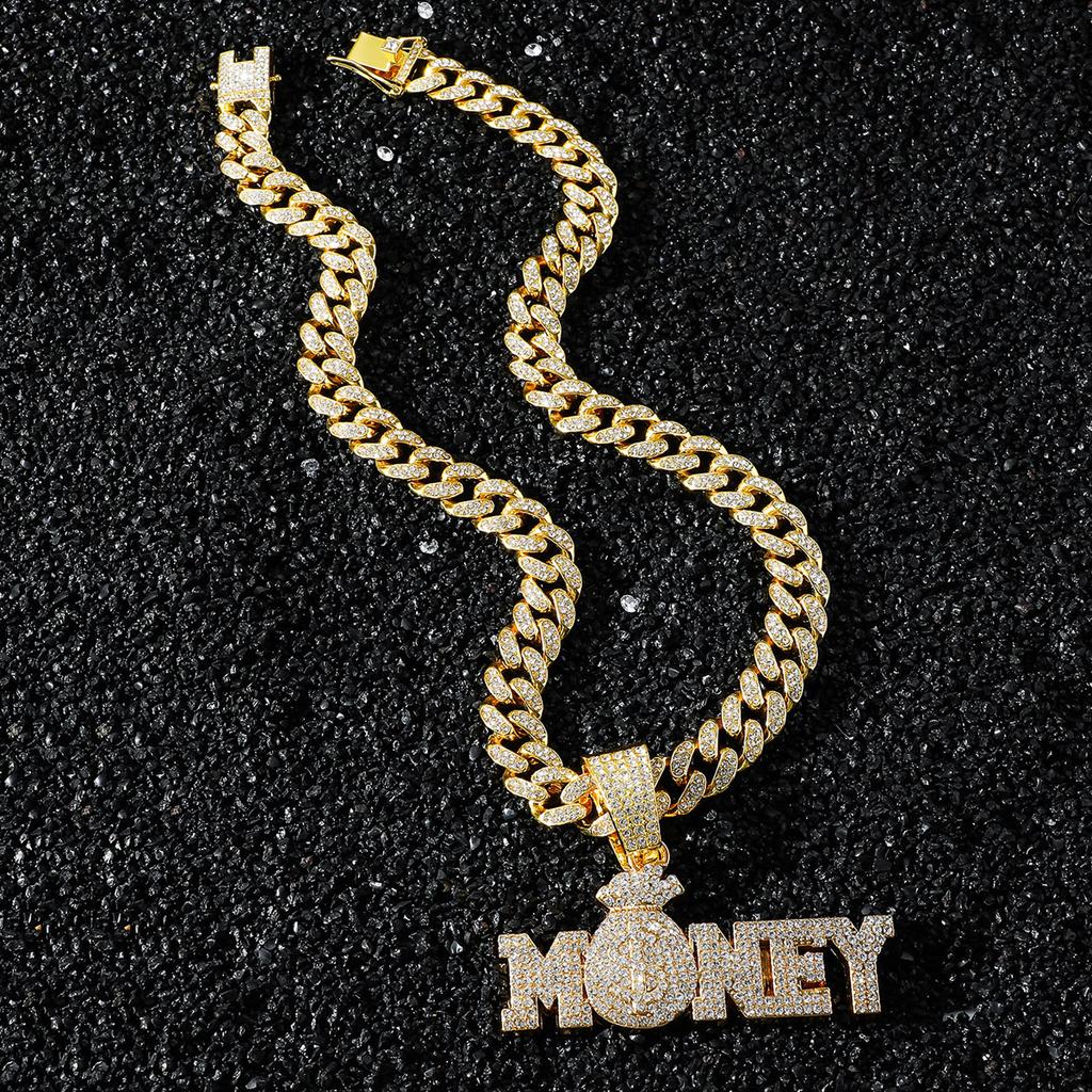 Full Diamond English MONEY Cuban Chain, Chain Hip Hop Style Personality Pendant Necklace