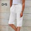 Women Summer Shorts Elastic Waistband Adjustable Drawstring Casual Pants with Pockets Solid Color Loose Fit Knee-length Pants