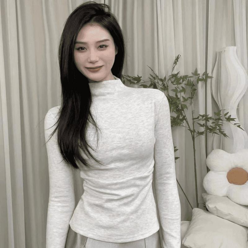 Осень Зима Половинный высокий воротник Однотонная Приталенная Футболка с длинным рукавом Женская Повседневная Универсальная Пуловер Футболка Топ