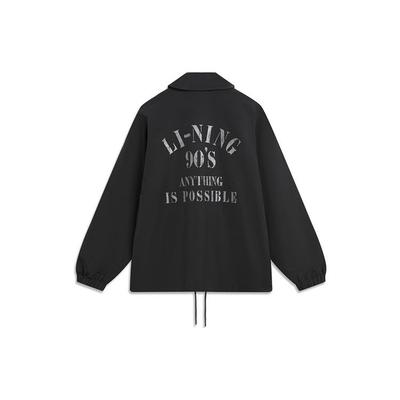 Li-Ning Куртка молодежная, ветрозащитная, водоотталкивающая, с принтом логотипа и воротником-поло, однобортная, унисекс, черная, AJDU239-2