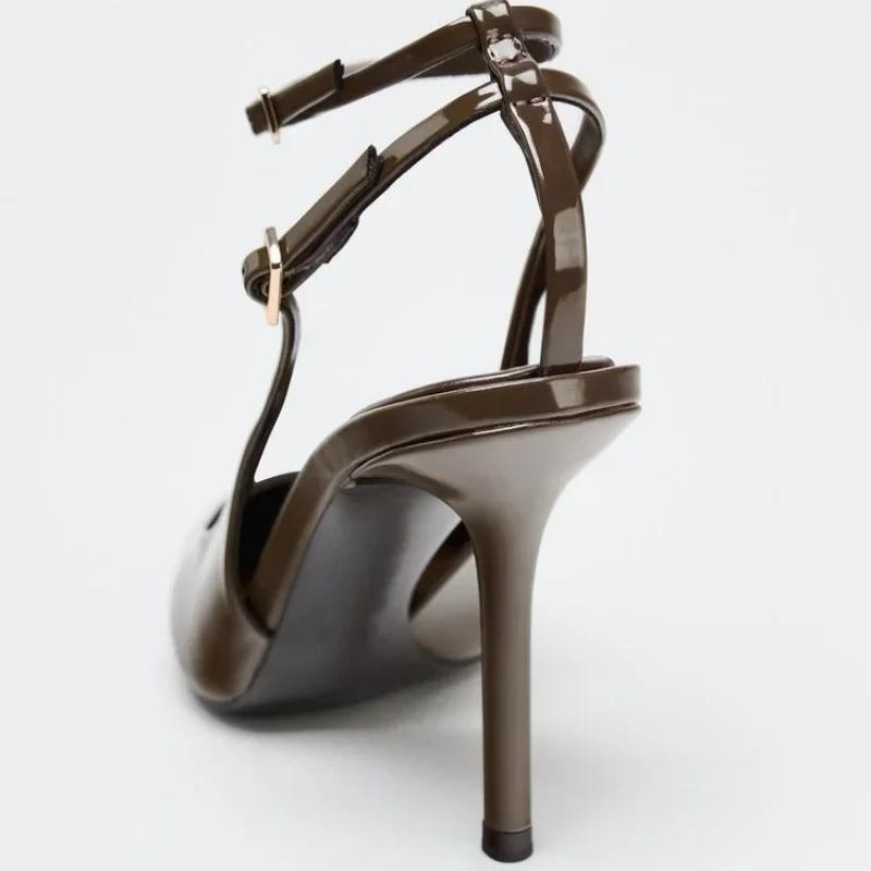 Fashion Sexy Pointed Toe Ankle Straps Buckle Women Pumps Patent Leather Slingbacks High Heels Elegant Party Shoe Stiletto Heeled Sandals