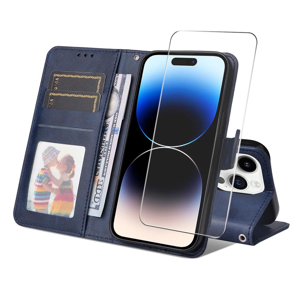 For iPhone 15 Pro PU Leather Wallet Case Phone Stand Cover with Tempered Glass