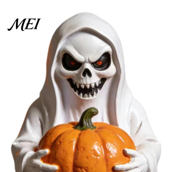 Durable Resin Halloween Ornament White Ghost Pumpkin Statue, Spooky Holding Mini Unique Sculpture for Office Figurine Garden Yard Tabletop Mantel Home
