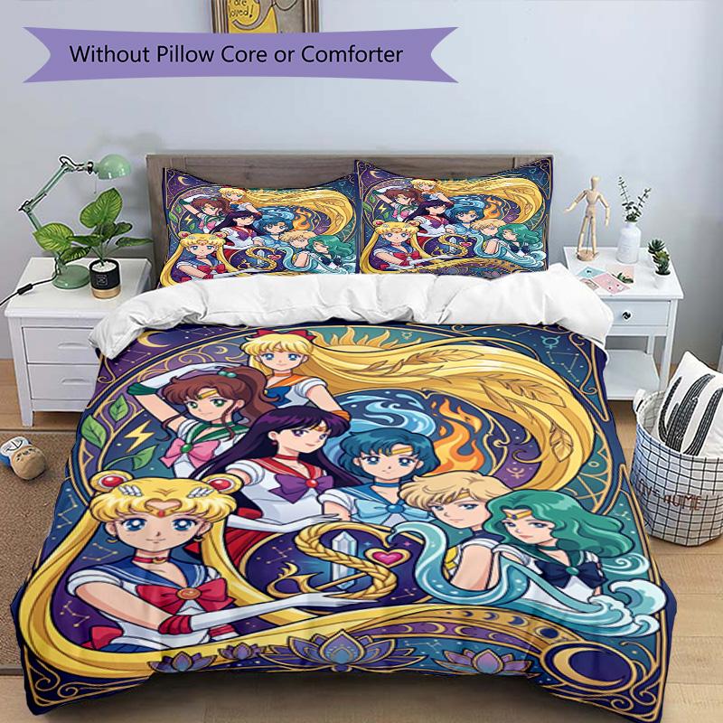 3pcs Duvet Cover Set (1*Duvet Cover + 2*Pillowcase, Without Core), Sailor Moon Print Bedding Set, Bedroom Decor, All‑Season, Birthday Gift