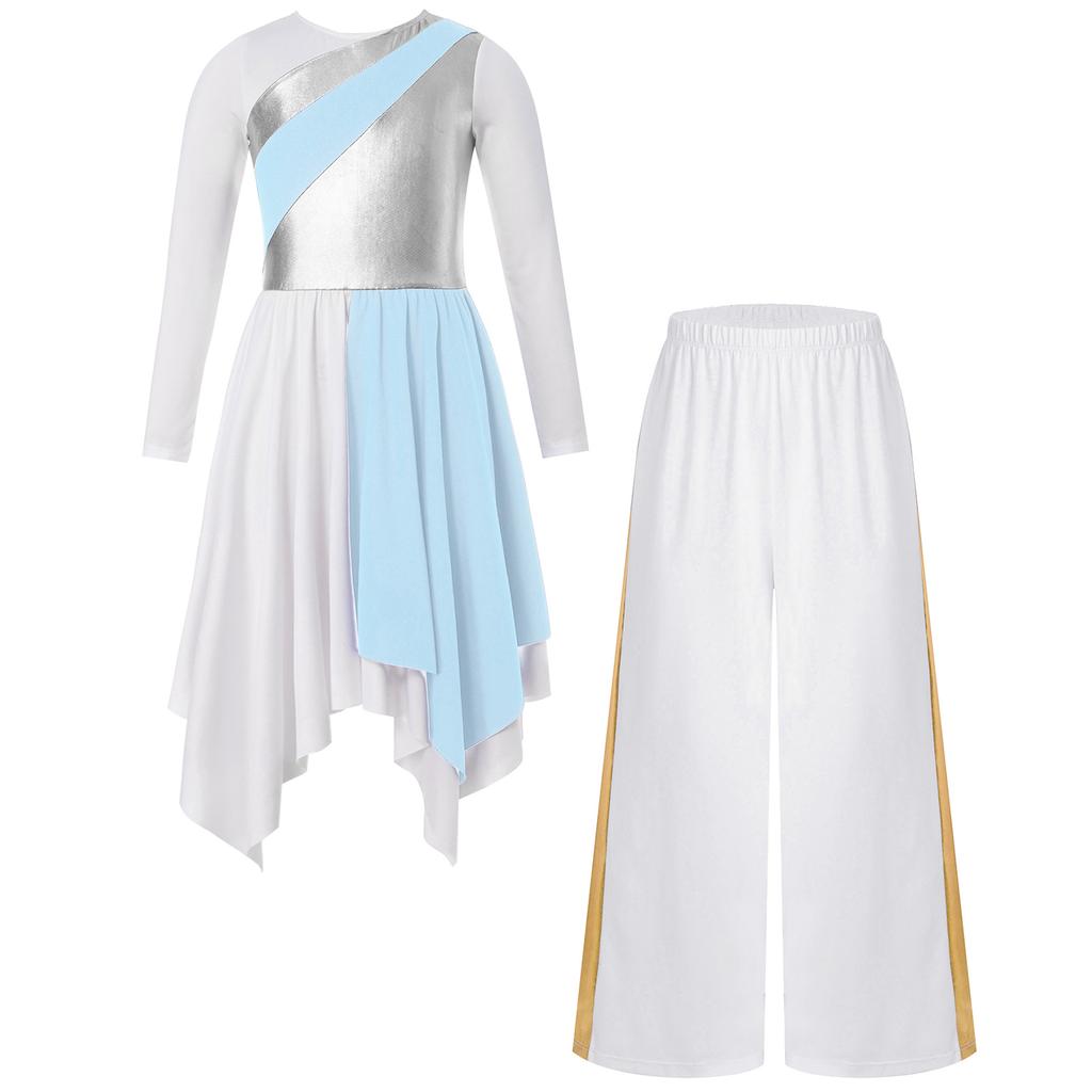 Girls Metallic Contrast Asymmetrical Hem Dress Wide Leg Pants Lyrical Praise Dance Costume Set