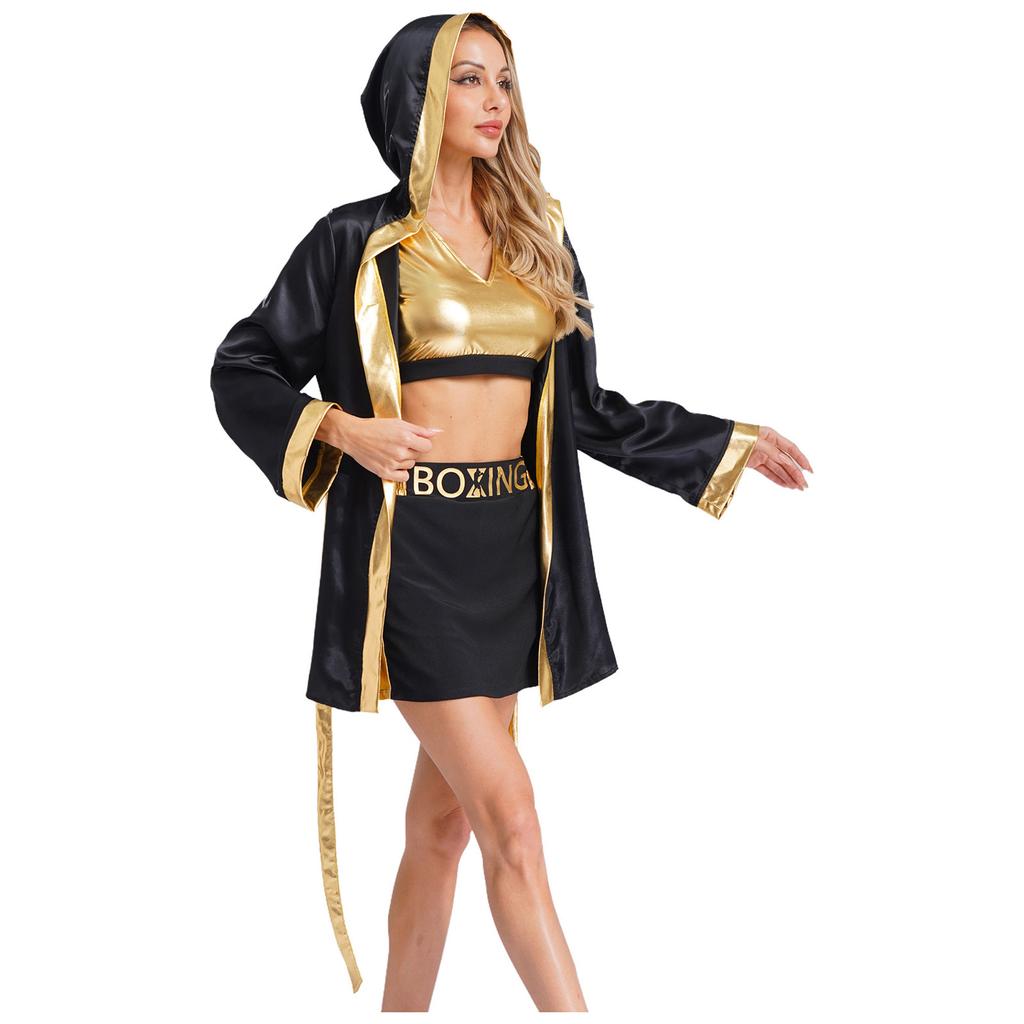 Womens Boxing Ring Outfit V Neck Tank Top Skirt Hooded Coverup Belt Halloween Cosplay Costume Set