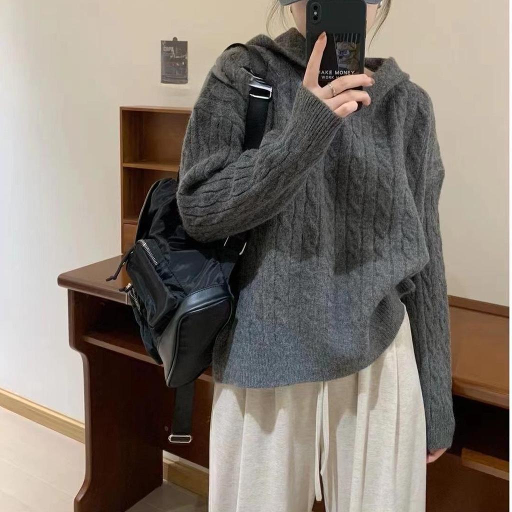 Women's Vintage Solid Twisted Knit Sweater with Hooded Loose Soft Comfortable Pullover Knit Top Casual Fashion Simple Lazy Sweater for Fall Winter