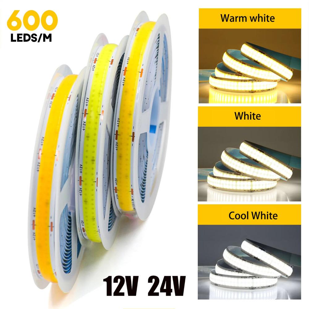 600Leds/M Double Row COB Strip DC 24V High Brighter RA90 Warm/Natural White 3000K 4000K 6000K Flexible Ribbon Rope LED Light