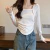 Fake Two-piece Square Neck Long-sleeved T-shirt for Women In Spring and Autumn New Pure Desire To Expose Collarbone Design Niche Super Figure Top