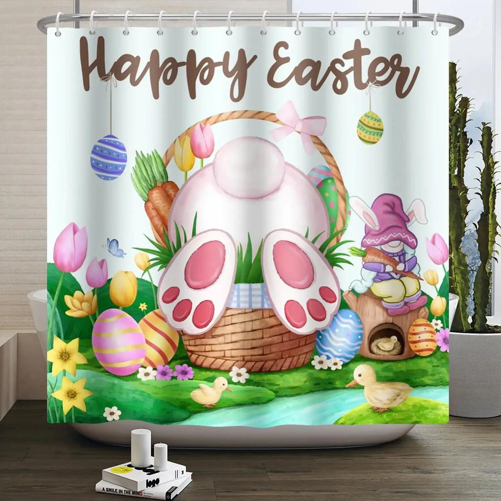 Весенняя Пасхальная Занавеска для душа Счастливый Кролик Кролик Яйца Цветочный Сад Цветочный Праздничный Водонепроницаемая Занавеска для душа для ванной комнаты с крючками