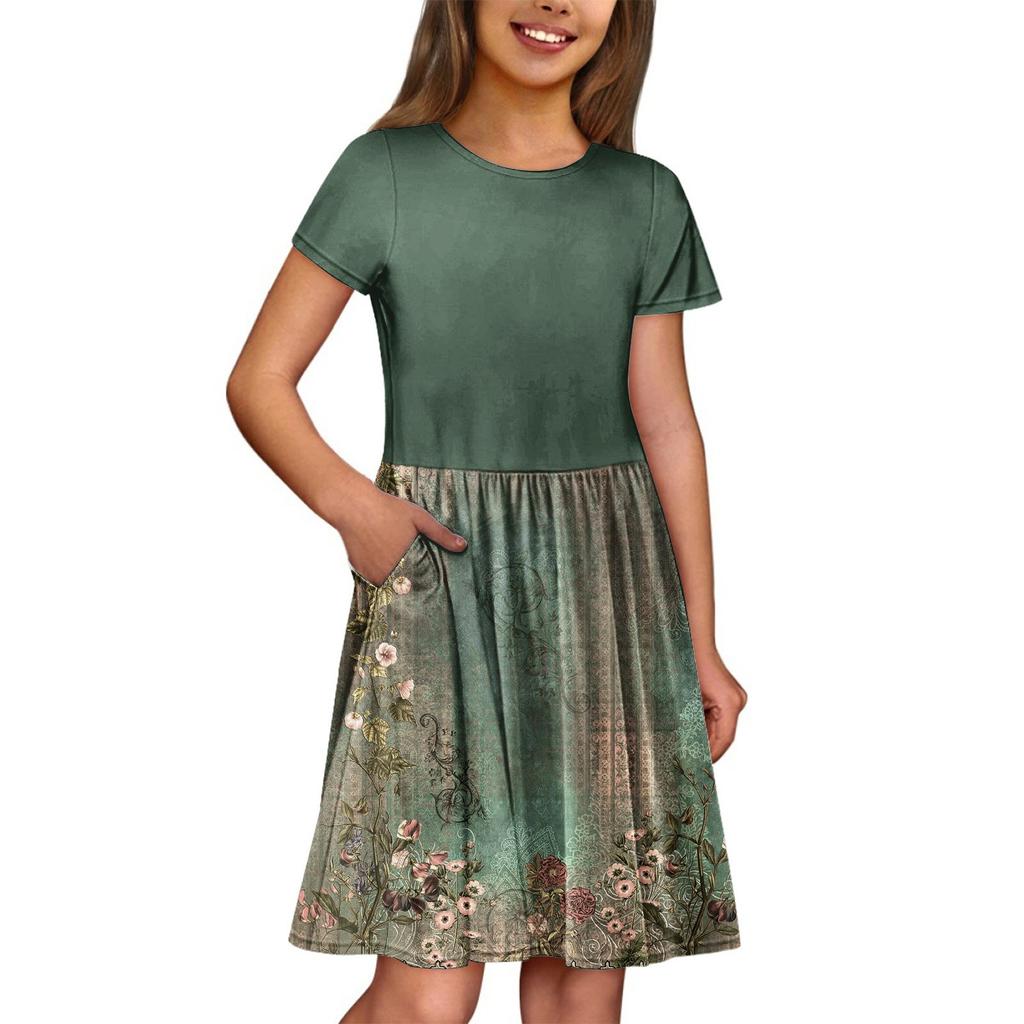 Летнее платье для девочек, однотонное платье без рукавов с принтом и карманом, повседневное платье, вечернее платье с короткими рукавами