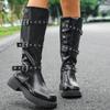 Fashion Punk Metal Belt Buckle Pu Knee High Boots Women 2025 Winter Sexy Medium Heel Black Long Riding Boots Casual Western Cowboy Shoes