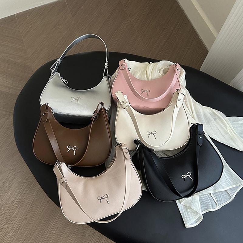 Crescent Shoulder Bag PU Leather Hobo Handbag Cute Bow Tote Bag Purses Underarm Purse for Women Girls