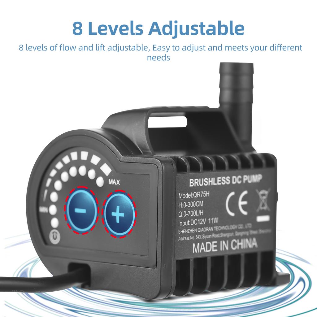 Submersible 12V Water Pump 8 Levels Adjustable 0-700L/H Fountain Pump with 0-9.8ft Lift, DC Female Plug and Suction Cup Base