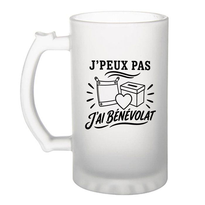 Chope bière - PLANETEE - J’peux pas j’ai Bénévolat (minimaliste) - Verre trempé 470 ml - Anse recto/verso - Imprimée Bretagne