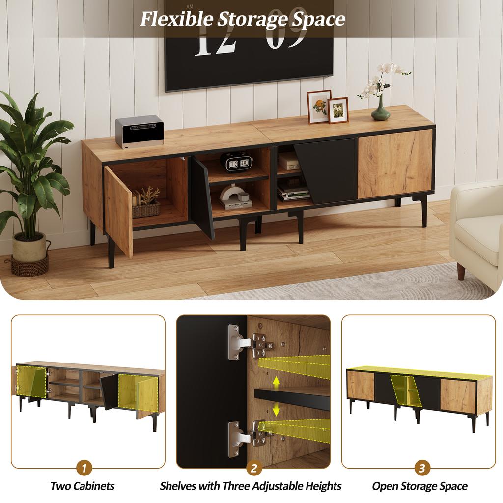160 x 36.5 x 45 cm TV Cabinet Living Room with 4 Compartments, 7 Legs, in Modern Minimalist Design, Suitable for 65-Inch TVs, Natural Wood Color