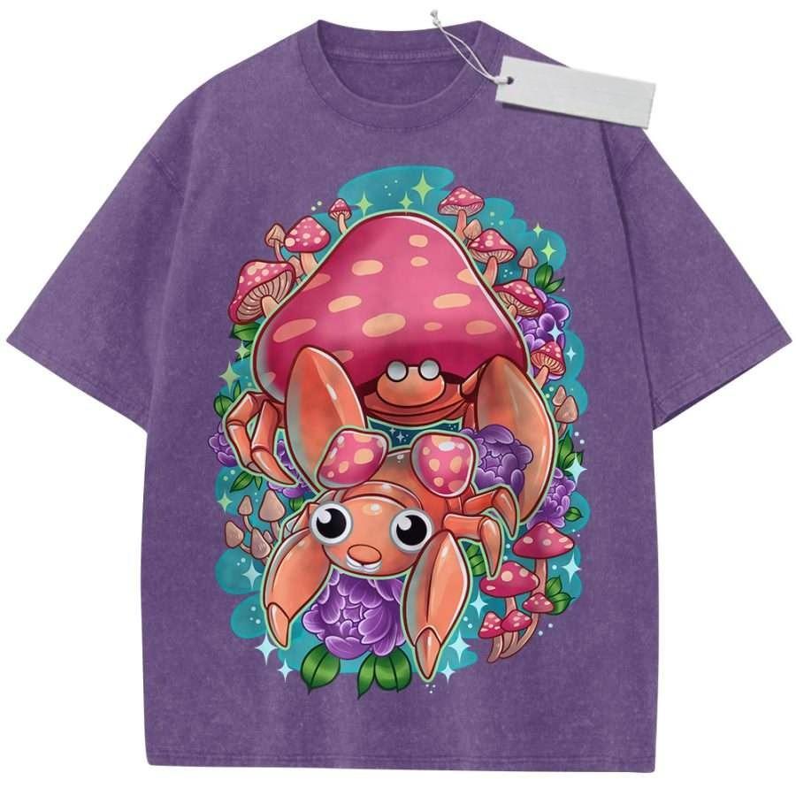 Unisex Washed Pink Vintage T Shirt Fairy Tale Mushroom Crab High Quality Fabric for Home Leisure Travel Shopping