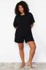 Women's Fashion New Plus Big Size Pajama Set Black Crew Neck Woven Pajama Set