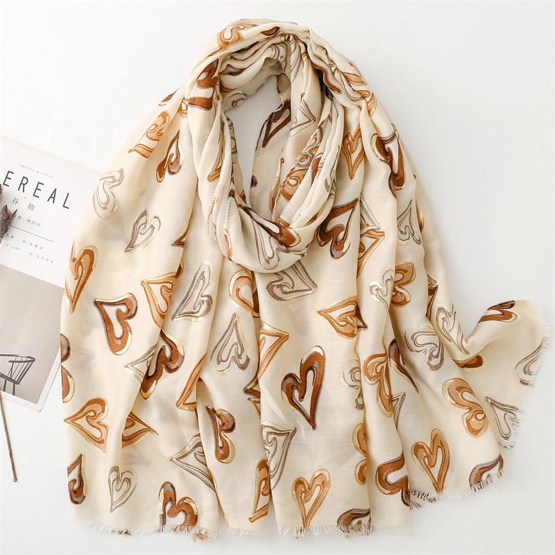 Winter Women'S Retro Ethnic Style Cotton Linen Hand Feel Scarf, Soft Satin Cotton Hot Stamping Heart Warm And Thick Shawl