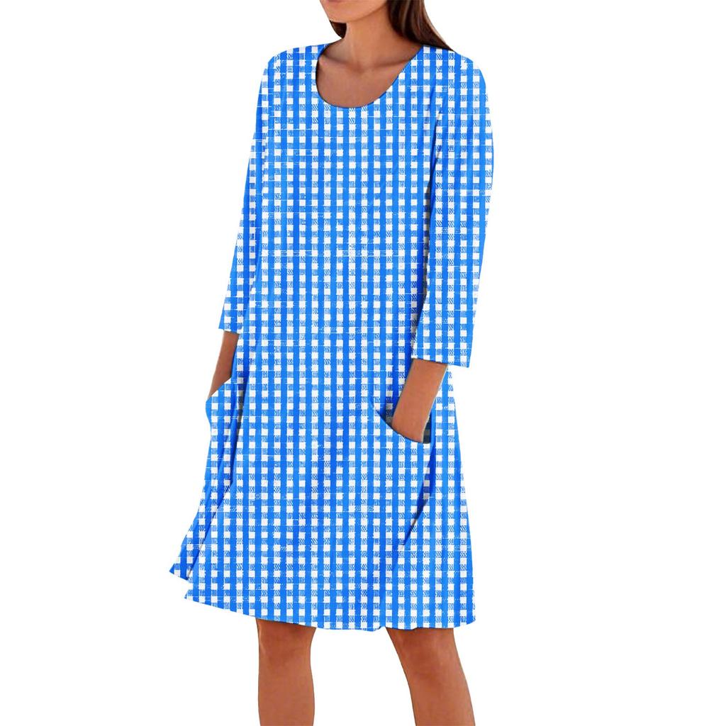 Женское однотонное модное свободное повседневное платье с рукавом три четверти Женское модное свободное повседневное платье с принтом в горошек и рукавом три четверти