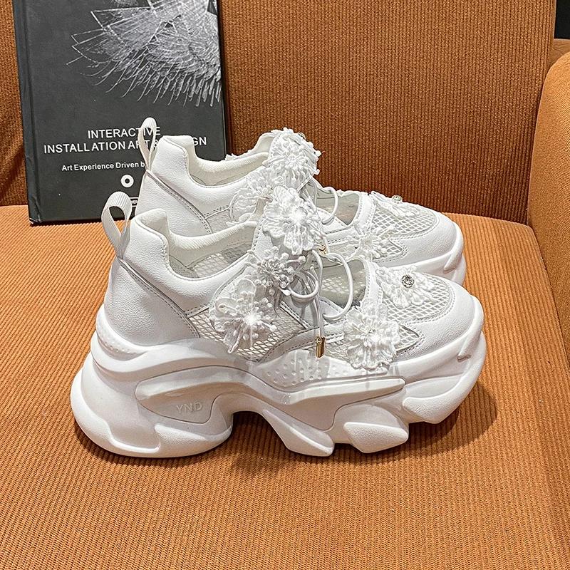 Fashion Women Platform Casual Breathable Crystal Flower Shoes Summer Chunky Sneakers 7.5CM Hidden Heels Hollow Leisure Shoes Woman