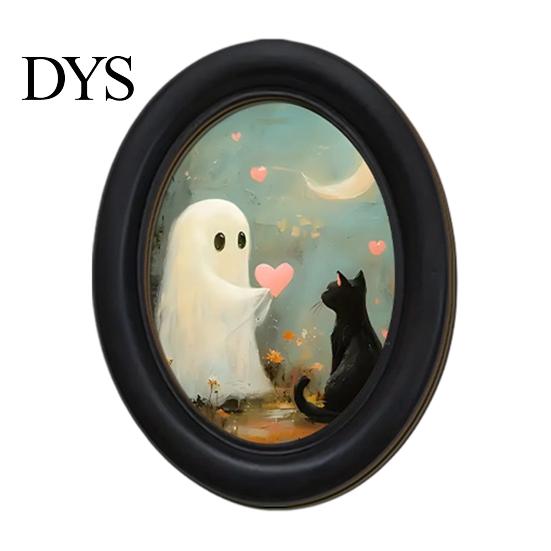 Oval Wood Picture Frame Halloween Gothic Wooden Hanging Plaque, Vintage Black Cat Ghost Wall Sweet Cool Sign Sign, Retro Waterproof Decorative Art for